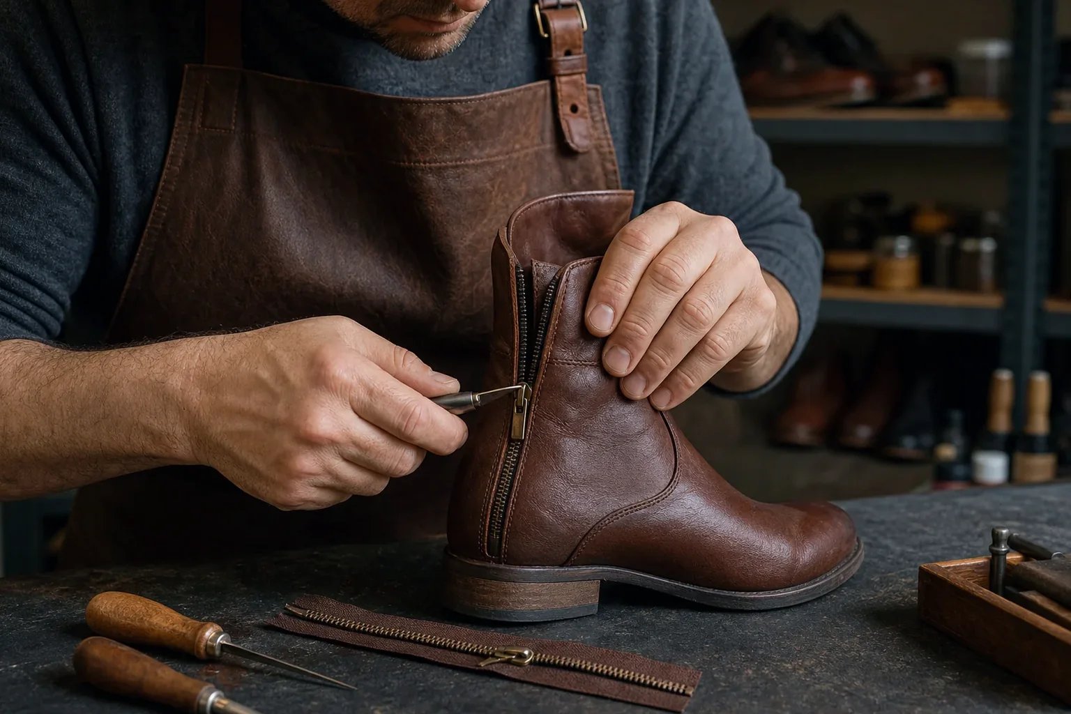 Profissional consertando um zíper de bota.