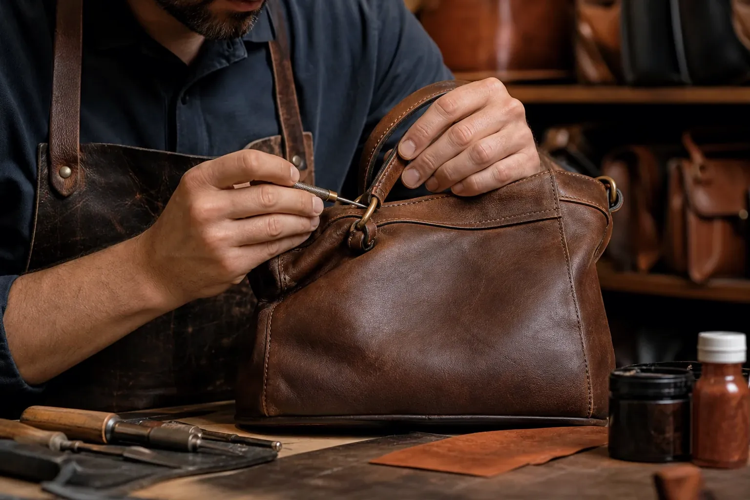 Profissional reformando uma bolsa de couro.